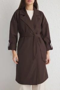 TRENDYOLMİLLA Brown Oversized Belted Water Repellent LONG Trench Coat - Image 3