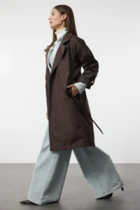 TRENDYOLMİLLA Brown Oversized Belted Water Repellent LONG Trench Coat - Image 6