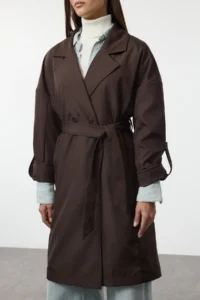 TRENDYOLMİLLA Brown Oversized Belted Water Repellent LONG Trench Coat - Image 9
