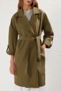 TRENDYOLMİLLA Khaki Oversized Belted Water Repellent LONG Trench Coat - Image 3