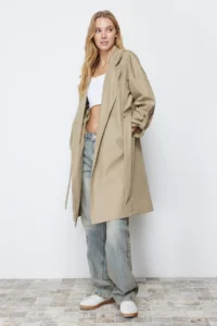 TRENDYOLMİLLA Light Khaki Oversized Belted Water Repellent LONG Trench Coat