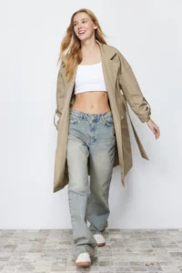 TRENDYOLMİLLA Light Khaki Oversized Belted Water Repellent LONG Trench Coat - Image 2