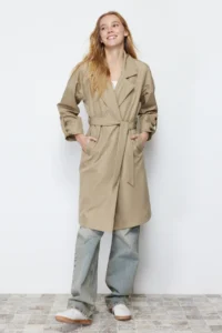 TRENDYOLMİLLA Light Khaki Oversized Belted Water Repellent LONG Trench Coat - Image 3