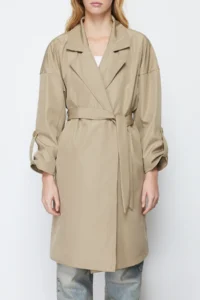 TRENDYOLMİLLA Light Khaki Oversized Belted Water Repellent LONG Trench Coat - Image 4