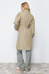 TRENDYOLMİLLA Light Khaki Oversized Belted Water Repellent LONG Trench Coat - Image 5