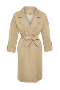 TRENDYOLMİLLA Light Khaki Oversized Belted Water Repellent LONG Trench Coat - Image 6
