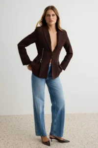 TRENDYOLMİLLA Dark Brown Zipper Detailed Weaving Blazer Jacket - Image 2