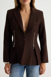TRENDYOLMİLLA Dark Brown Zipper Detailed Weaving Blazer Jacket - Image 3