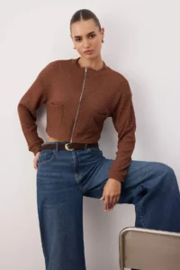 TRENDYOLMİLLA Brown Zippered Collar Pocket Detail Regular/Normal Pattern Crop/Short Jacket - Image 2