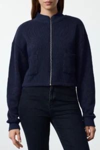 TRENDYOLMİLLA NAVY BLUE Zippered Collar Pocket Detail Regular/Normal Pattern Crop/Short Jacket - Image 3