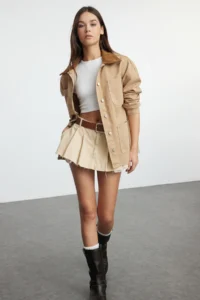 TRENDYOLMİLLA Brown Suede Kontrast Collar DENIM Shirt Jacket - Image 2