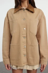 TRENDYOLMİLLA Brown Suede Kontrast Collar DENIM Shirt Jacket - Image 3