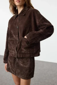 TRENDYOLMİLLA Brown Suede Look DENIM Jacket - Image 7