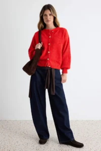 TRENDYOLMİLLA Red Buklet Basic Crew Neck textured Knitwear Cardigan - Image 2