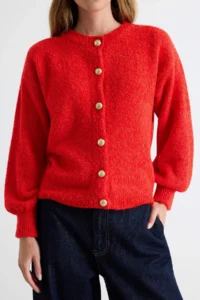 TRENDYOLMİLLA Red Buklet Basic Crew Neck textured Knitwear Cardigan - Image 3