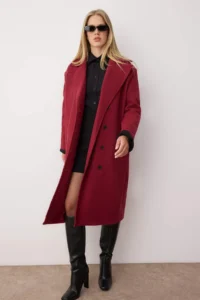 TRENDYOLMİLLA Burgundy Asymmetric Closure Soft textured Oversized Overcoat