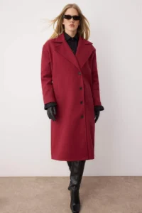 TRENDYOLMİLLA Burgundy Asymmetric Closure Soft textured Oversized Overcoat - Image 2