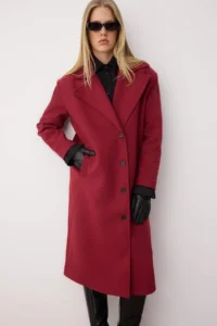 TRENDYOLMİLLA Burgundy Asymmetric Closure Soft textured Oversized Overcoat - Image 3