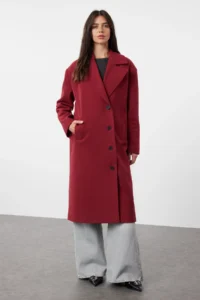 TRENDYOLMİLLA Burgundy Asymmetric Closure Soft textured Oversized Overcoat - Image 6