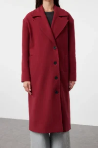 TRENDYOLMİLLA Burgundy Asymmetric Closure Soft textured Oversized Overcoat - Image 7
