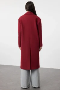 TRENDYOLMİLLA Burgundy Asymmetric Closure Soft textured Oversized Overcoat - Image 9