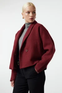 TRENDYOLMİLLA Burgundy Oversized Woolly Short Jacket Overcoat