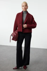 TRENDYOLMİLLA Burgundy Oversized Woolly Short Jacket Overcoat - Image 4
