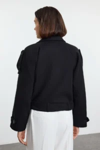 TRENDYOLMİLLA Black Soft textured Seasonal Short Oversized Bowl Jacket Overcoat - Image 2