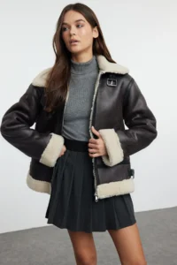 TRENDYOLMİLLA Dark Brown Regular Pattern Plush Faux Leather Biker Jacket Coat with Belt Detail on Collar