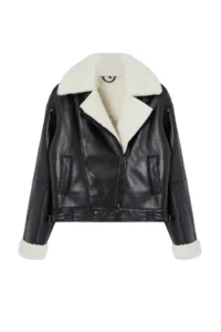 TRENDYOLMİLLA Black Oversized Pattern Plush Detailed Faux Leather Biker Jacket Coat - Image 10