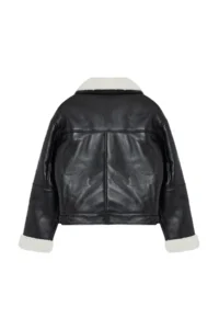 TRENDYOLMİLLA Black Oversized Pattern Plush Detailed Faux Leather Biker Jacket Coat - Image 11