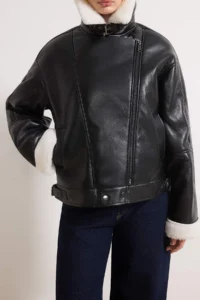 TRENDYOLMİLLA Black Oversized Pattern Plush Detailed Faux Leather Biker Jacket Coat - Image 3