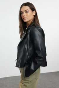 TRENDYOLMİLLA Black Regular Pattern Faux Leather Biker Thin Jacket Coat - Image 2