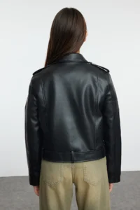 TRENDYOLMİLLA Black Regular Pattern Faux Leather Biker Thin Jacket Coat - Image 5