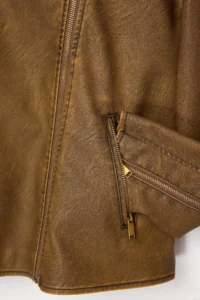 TRENDYOLMİLLA Brown Oversized Pattern Washing Effect Faux Leather Biker Thin Jacket Coat - Image 14