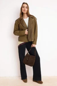 TRENDYOLMİLLA Brown Oversized Pattern Washing Effect Faux Leather Biker Thin Jacket Coat - Image 2