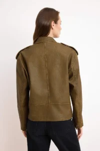 TRENDYOLMİLLA Brown Oversized Pattern Washing Effect Faux Leather Biker Thin Jacket Coat - Image 5