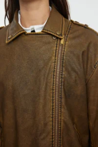 TRENDYOLMİLLA Brown Oversized Pattern Washing Effect Faux Leather Biker Thin Jacket Coat - Image 9