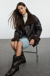 TRENDYOLMİLLA Dark Brown Regular Pattern Collar Belt Detailed Plush Suede Biker Jacket Coat
