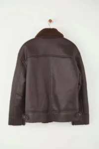 TRENDYOLMİLLA Dark Brown Regular Pattern Collar Belt Detailed Plush Suede Biker Jacket Coat - Image 11