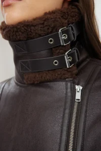 TRENDYOLMİLLA Dark Brown Regular Pattern Collar Belt Detailed Plush Suede Biker Jacket Coat - Image 4