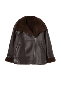 TRENDYOLMİLLA Dark Brown Regular Pattern Collar Belt Detailed Plush Suede Biker Jacket Coat - Image 6