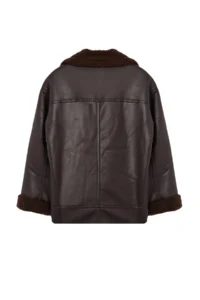 TRENDYOLMİLLA Dark Brown Regular Pattern Collar Belt Detailed Plush Suede Biker Jacket Coat - Image 7