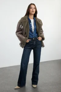 TRENDYOLMİLLA Mink Regular Pattern Collar Belt Detailed Plush Suede Biker Jacket Coat