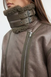 TRENDYOLMİLLA Mink Regular Pattern Collar Belt Detailed Plush Suede Biker Jacket Coat - Image 4