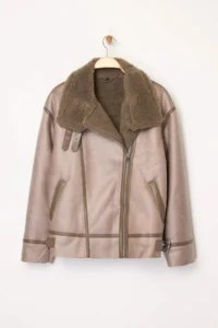 TRENDYOLMİLLA Mink Regular Pattern Collar Belt Detailed Plush Suede Biker Jacket Coat - Image 8