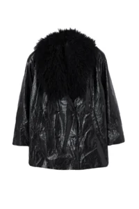 TRENDYOLMİLLA Black Oversized Pattern Collar Fur Detailed Faux Leather Jacket Coat - Image 6