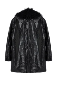 TRENDYOLMİLLA Black Oversized Pattern Collar Fur Detailed Faux Leather Jacket Coat - Image 7