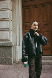TRENDYOLMİLLA Brown Oversized Pattern Plush Detailed Biker Jacket Coat
