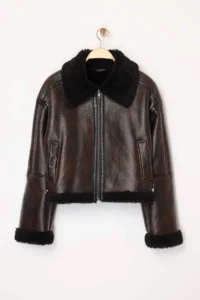 TRENDYOLMİLLA Brown Oversized Pattern Plush Detailed Biker Jacket Coat - Image 10